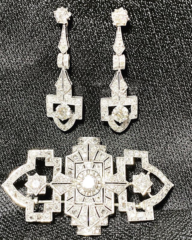 Conjunto Art Deco Broche Pendientes Platino Diamantes