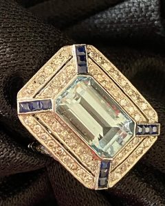 Anillo Platino Brillantes Onix Zafiros Aguamarina